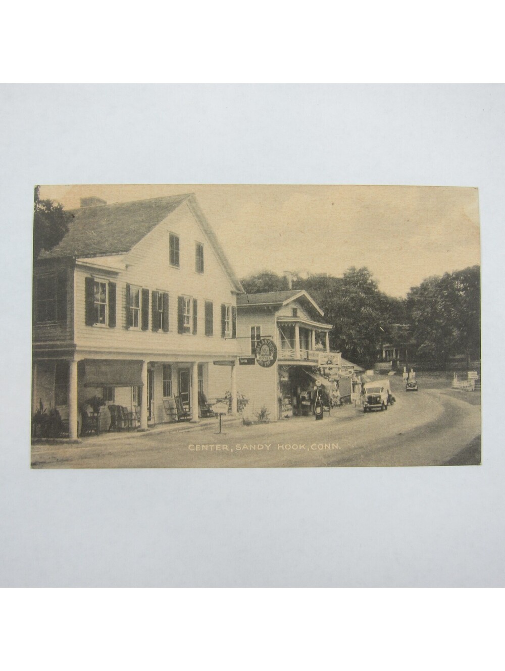 Vintage 1930s-40s Collotype Postcard Center Sandy Hook Connecticut Gas Station